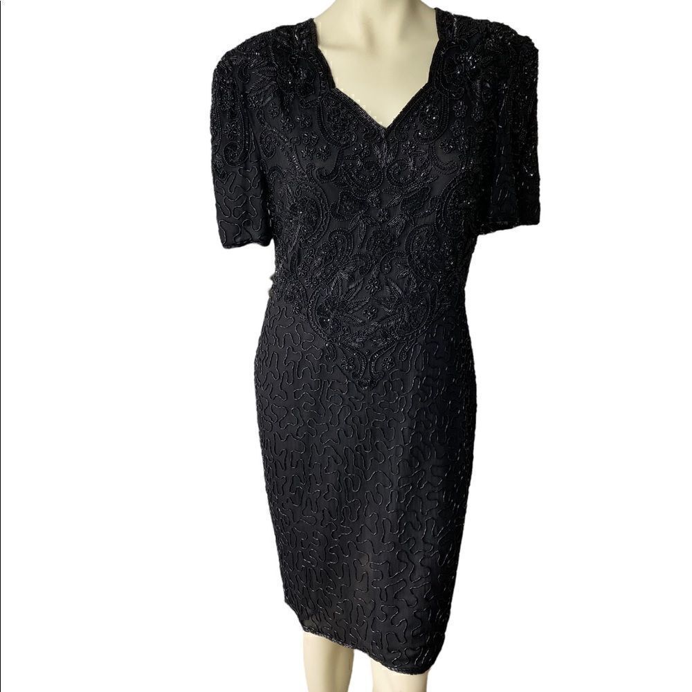 Vintage Scala Women's Bead Embellishments Scalloped Neck Back Cut-Out Dress